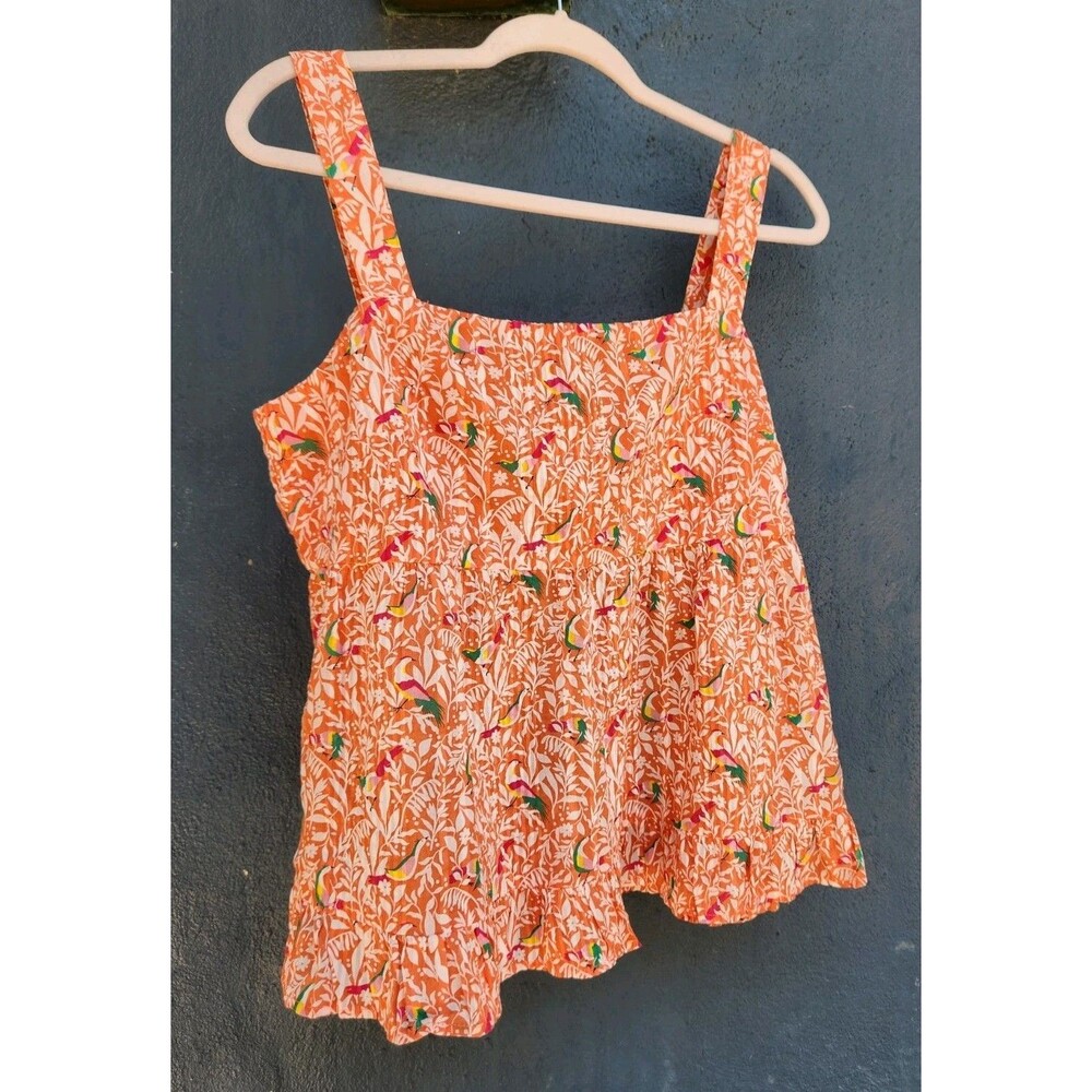 LOFT Petites 12P Tropical Babydoll Tank Square Neck Floral Bird Print Orange